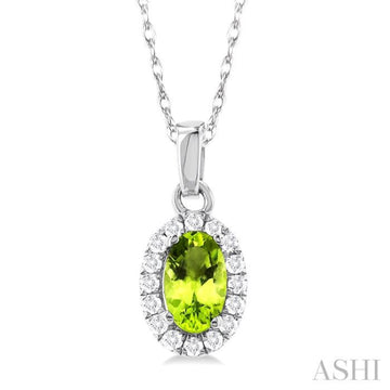 5x3 MM Oval Shape Peridot and 1/20 Ctw Single Cut Diamond Halo Semi-Precious Pendant with Chain in 14K White Gold